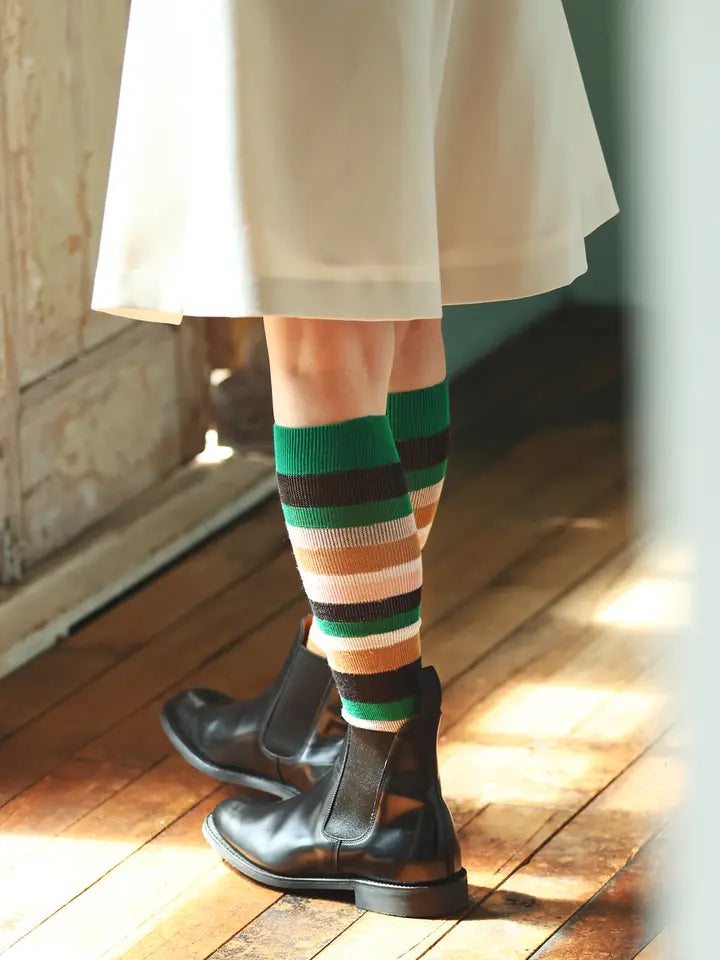 Tabio 011170156 Jacquard multi-border high socks Green