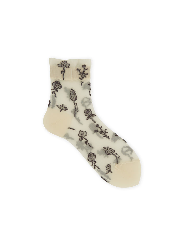 Tabio 021131659 Sheer one-tone floral short socks / 04 Ivory+Gray