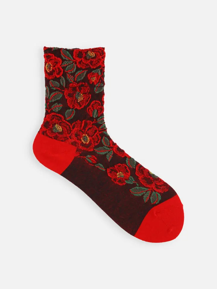 Tabio 021132456 Wool blend camellia float short socks Red