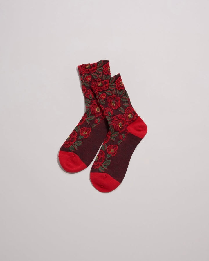 Tabio 021132456 Wool blend camellia float short socks Red