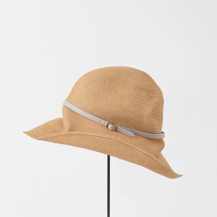 BOXED HAT paper abaca long brim leather belt - White Gravel