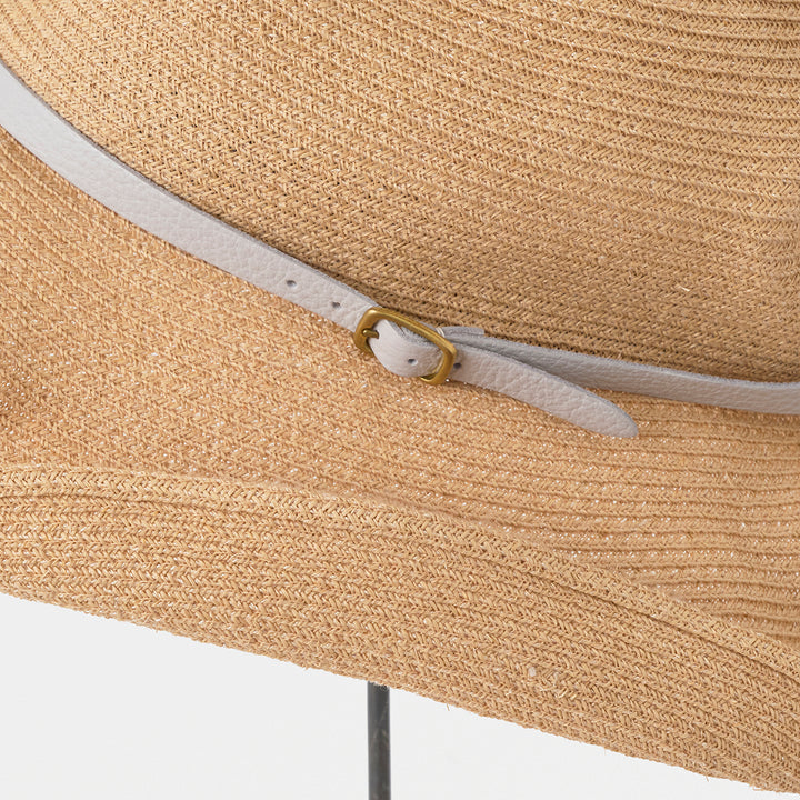 BOXED HAT paper abaca long brim leather belt - White Gravel