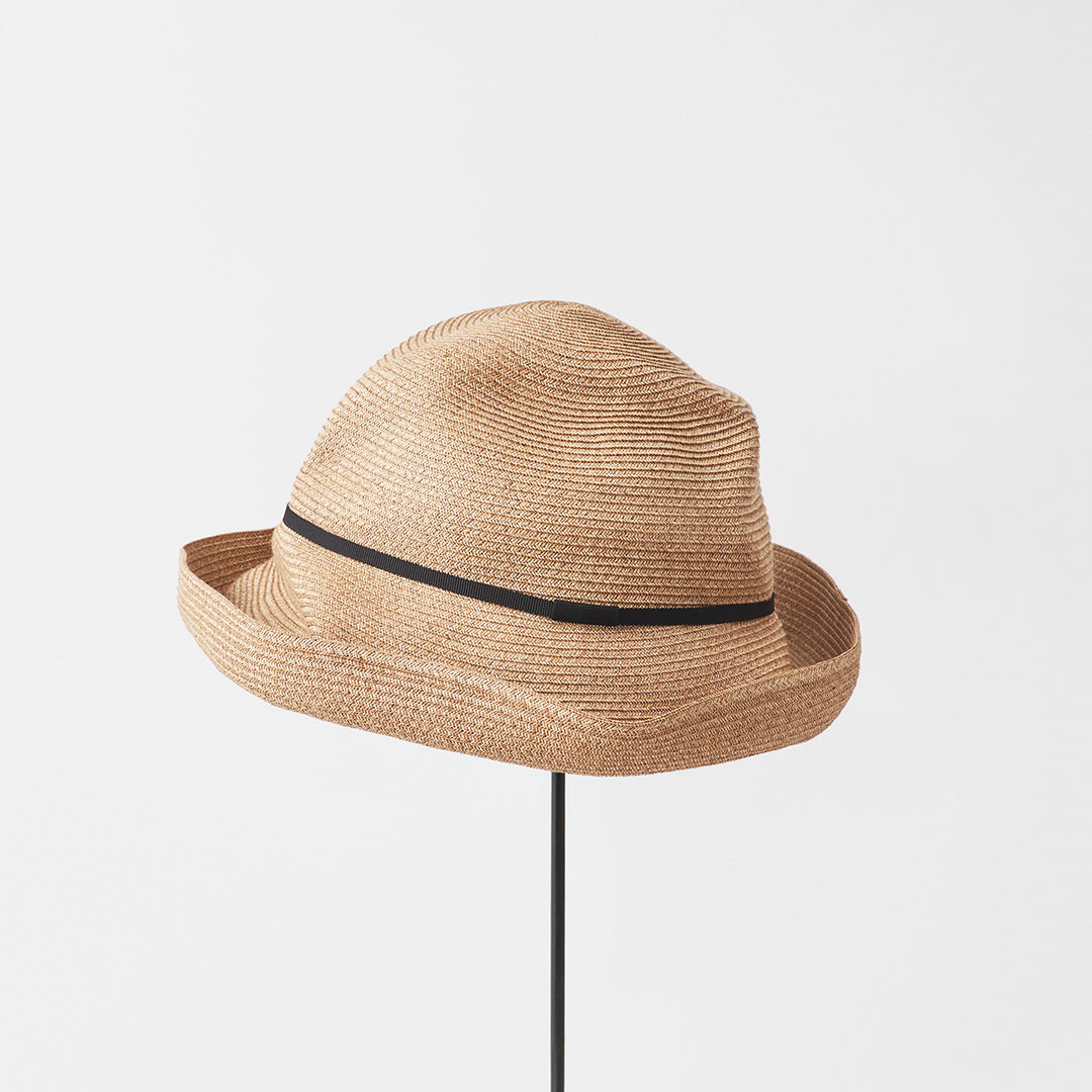 BOXED HAT 11cm brim grosgrain ribbon / mix brown base