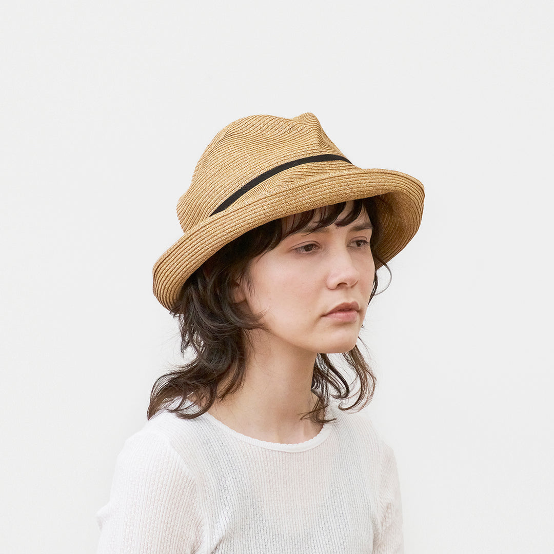 BOXED HAT 11cm brim grosgrain ribbon / mix brown base