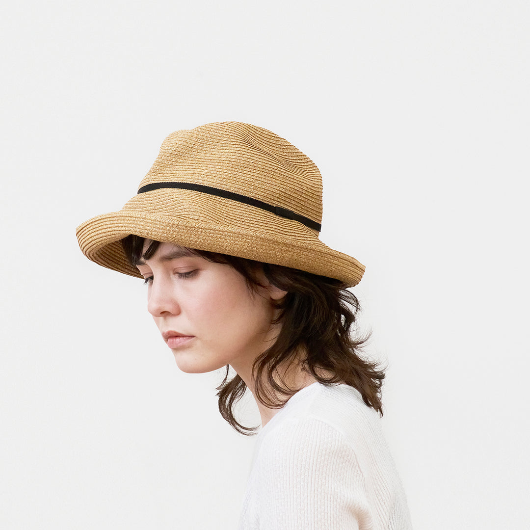 BOXED HAT 11cm brim grosgrain ribbon / mix brown base