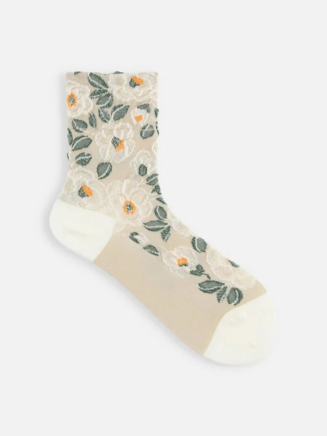 Tabio 021132456 Wool blend camellia float short socks Off White